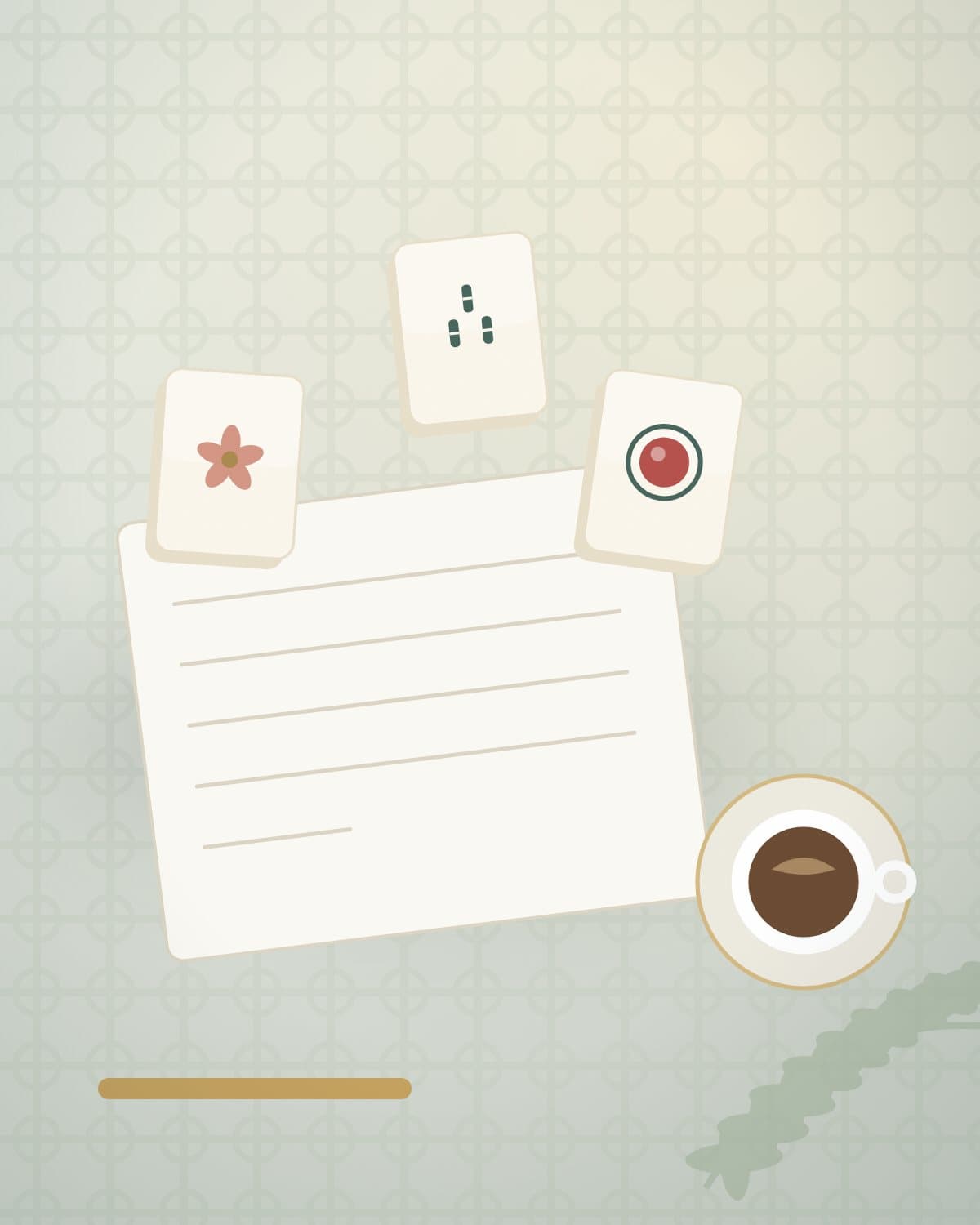 Illustrated beginner's Mahjong lesson setting with tiles, notes and coffee