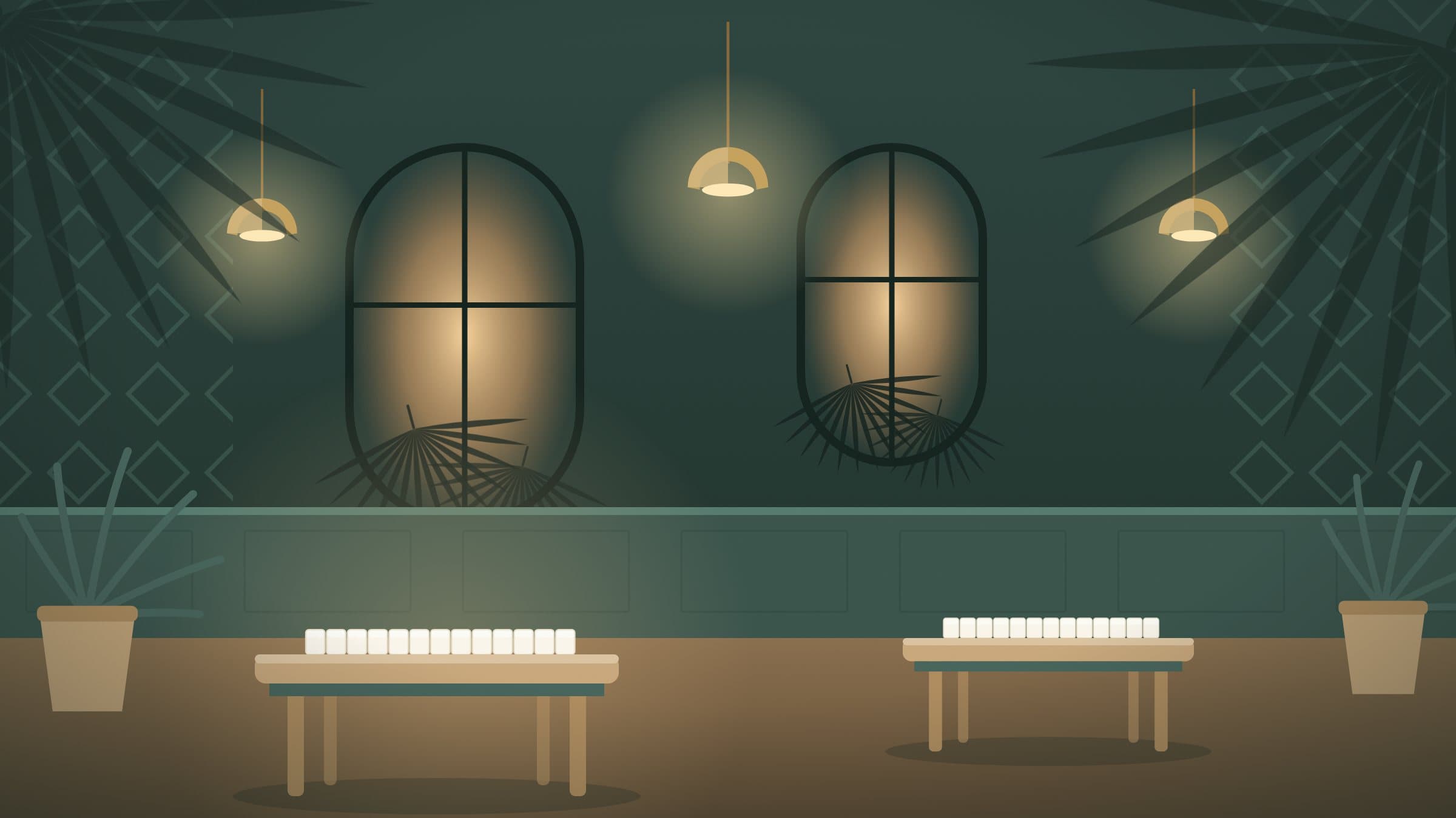 Illustration of the Sparrow & Palm clubhouse at golden hour — pendant lights over Mahjong tables