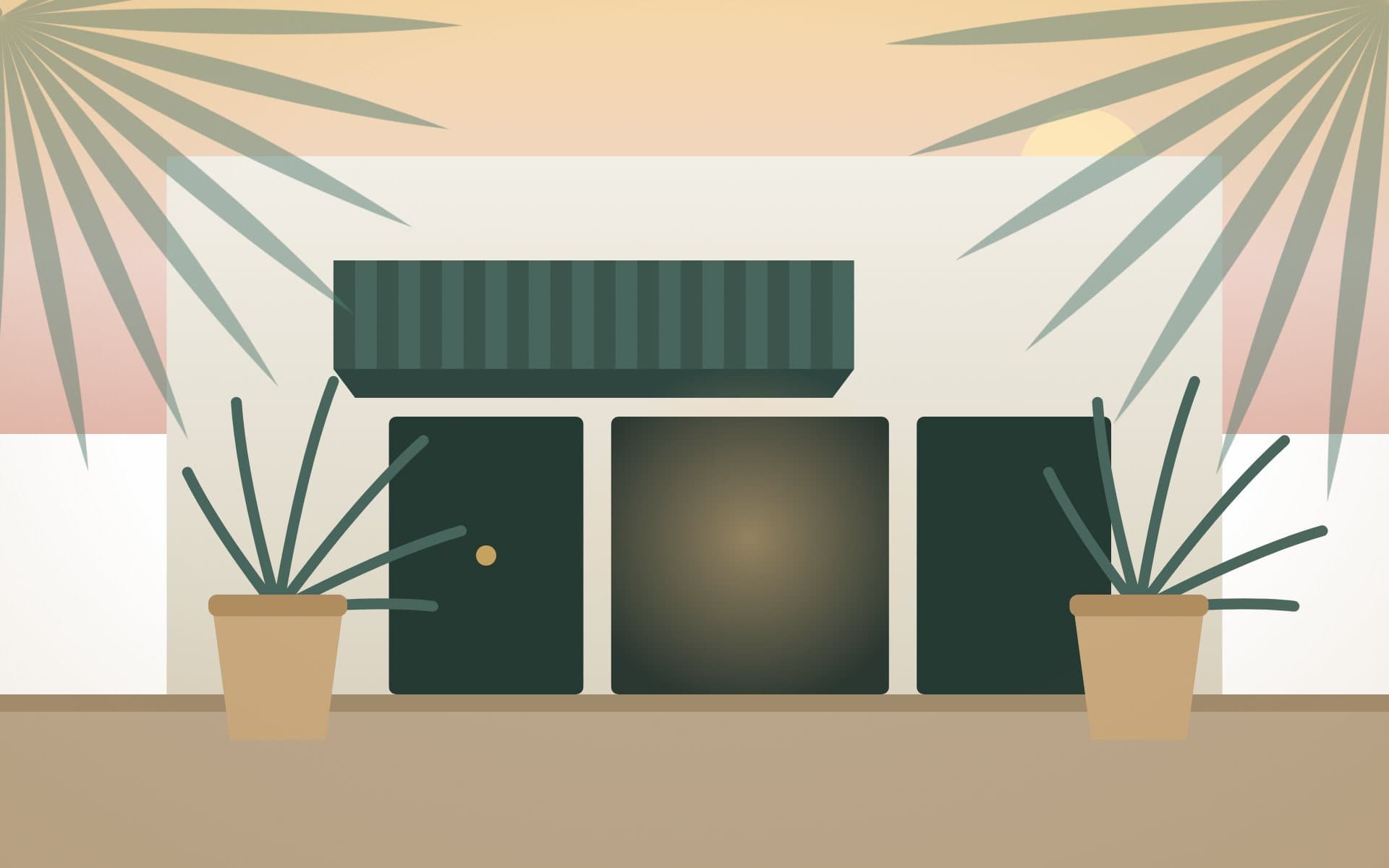 Illustration of a Palm Beach-style storefront with a striped awning and potted palms at sunset